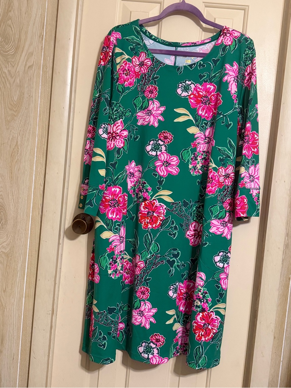 Lilly Pulitzer Emerald Green Long-Sleeve Floral Shift Dress with Pink Blooms